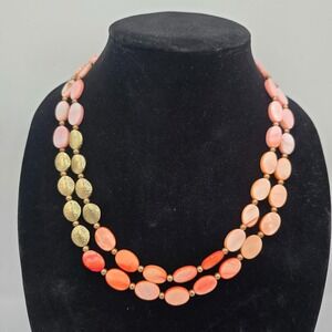 Vtg Charming Charlie 2 Layer Necklace Coral Beaded Bib Style Gold Tone Link 24"